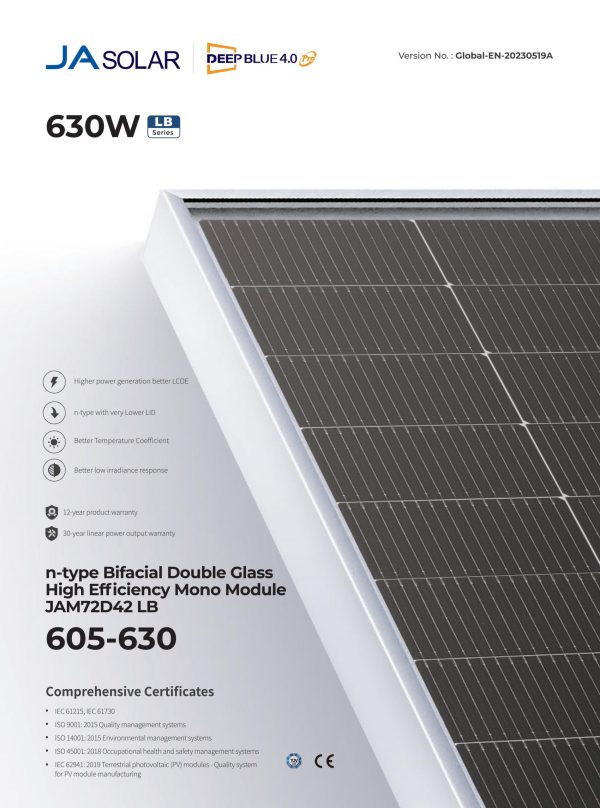 Pin mặt trời JA Solar 605-630Wp JAM72D42-605-630/LB, dòng N-TYPE