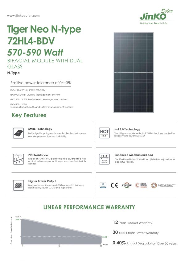 Pin mặt trời JINKO Solar 570-590Wp 72HL4-BDV, dòng N-TYPE