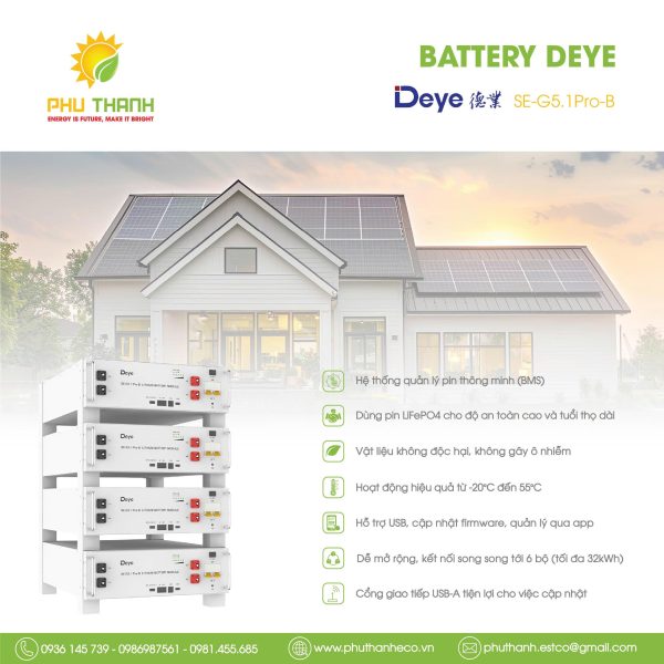 Pin lưu trữ Lithium  DEYE 5,12kWh – SE-G5.1 PRO-B – Hiệu suất cao, bền bỉ