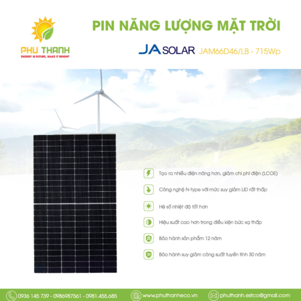 Pin mặt trời JA SOLAR, N-TYPE TOPCon, PERC MONO 715Wp, (tiêu chuẩn ISO, IEC, UL, TUV …)