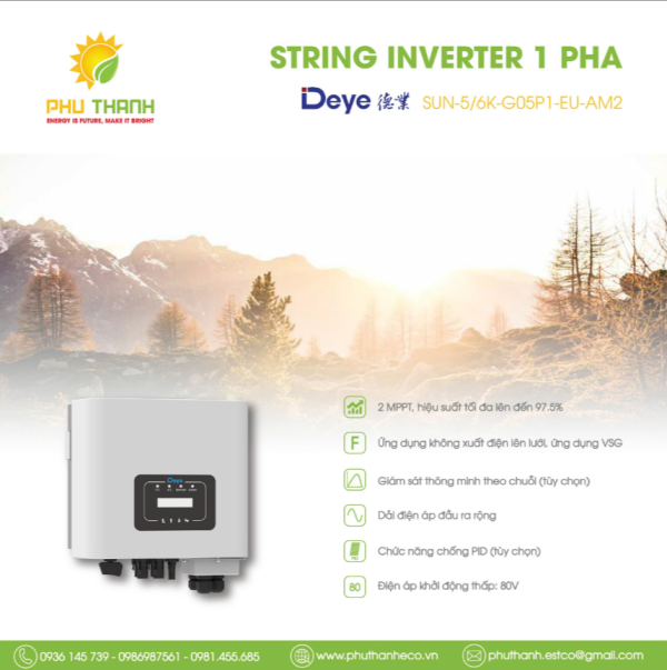 Biến tần hòa lưới bám tải DEYE 1 pha, 5 kW, 2 MMPT, model SUN-5K-G