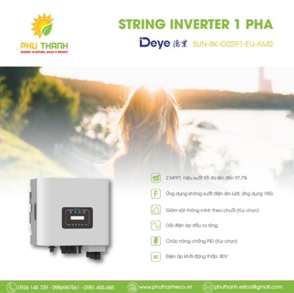 Biến tần hoà lưới bám tải DEYE 1 pha, 8 kW, 2 MMPT, model SUN-8K-G