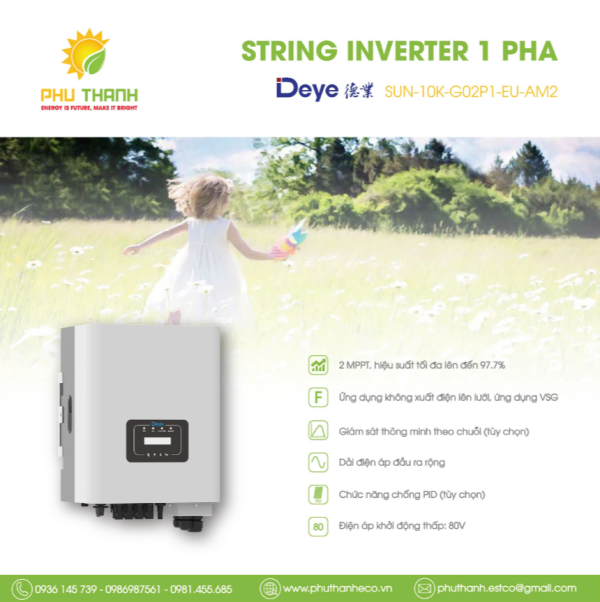Biến tần hoà lưới bám tải DEYE 1 pha, 10 kW, 2 MMPT, model SUN-10K-G
