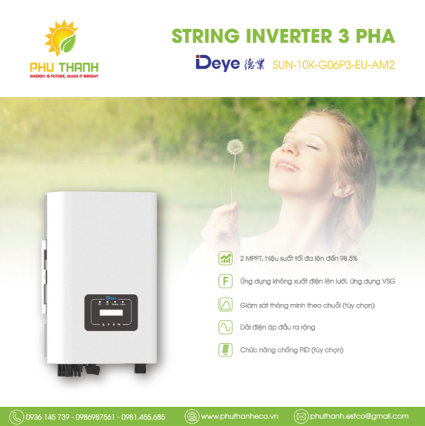 Biến tần hoà lưới bám tải DEYE 3 pha, 10 kW, 2 MMPT, model SUN-10K-G06