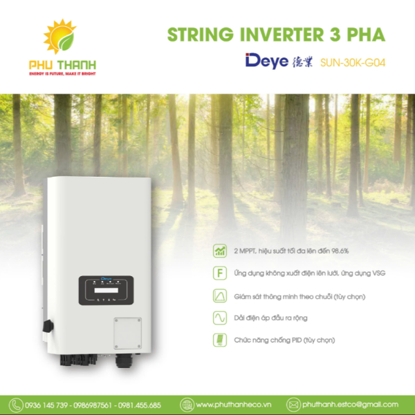 Biến tần hòa lưới bám tải DEYE 3 pha, 30 kW, 2 MMPT, model SUN-30K-G04