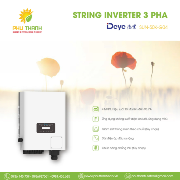 Biến tần hoà lưới bám tải DEYE 3 pha, 50 kW, 4 MMPT, model SUN-50K-G04