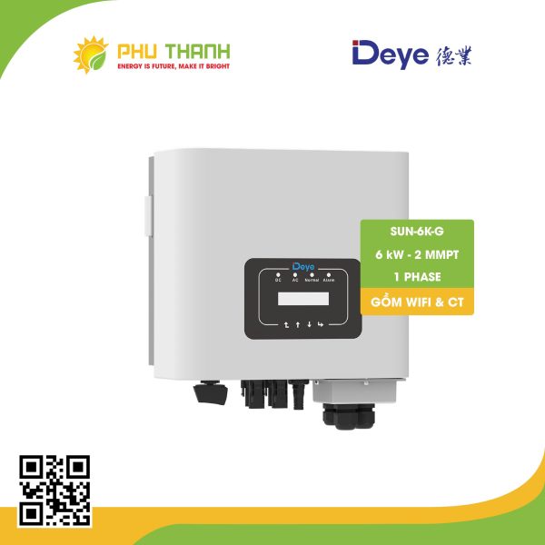 Biến tần hoà lưới bám tải DEYE 1 pha, 6 kW, 2 MMPT, model SUN-6K-G
