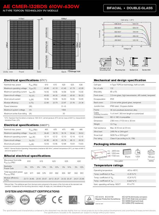 Tấm pin mặt trời AE Solar 630Wp - N-type - 2 mặt kính