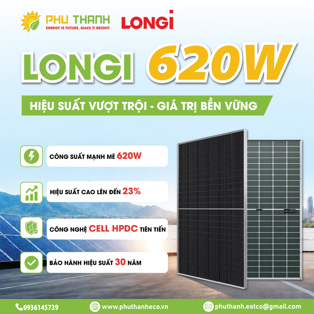 Pin mặt trời LONGi 620W – Hiệu suất cao cho dự án thương mại và công nghiệp